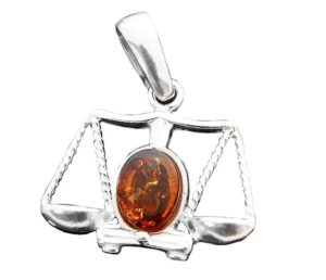Znak zodiaku waga srebrny wisiorek bursztyn