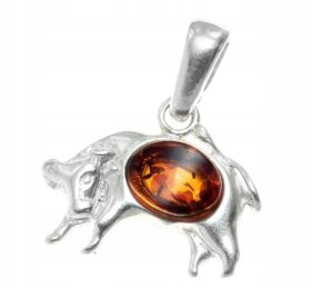 Znak zodiaku BYK srebrny wisiorek z bursztynem