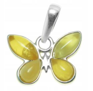 MOTYL Srebrny, wisiorek z bursztynem