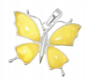 MOTYL Srebrny, wisiorek z bursztynem
