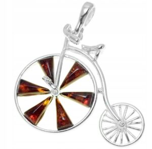 Bicykl rower srebrny wisiorek z bursztynem