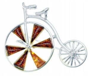 Bicykl rower srebrny broszka z bursztynem