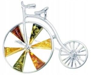 Bicykl rower Srebrna broszka z bursztynem
