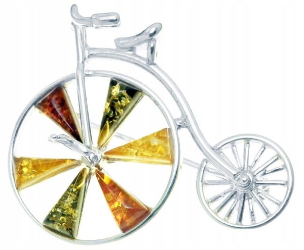 Bicykl rower Srebrna broszka z bursztynem